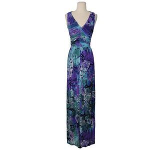 Vtg Y2K Cache Mesh Animal Print Maxi Column Dress Sz‎ XS Blue Purple Sleeveless